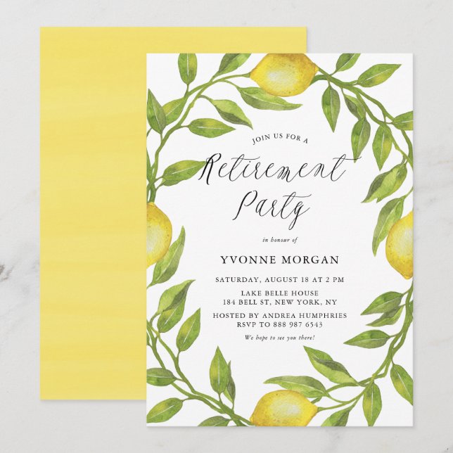 Watercolor Lemon Greenery Wreath Retirement Party Invitation (Front/Back)