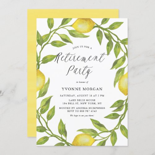 Watercolor Lemon Greenery Wreath Retirement Party Invitation