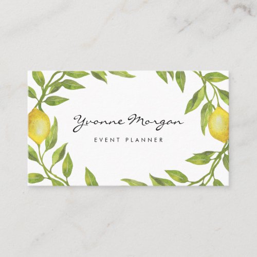 Watercolor Lemon Greenery Wreath Script Business Card