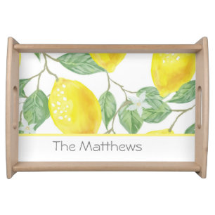 Watercolor Lemon Greenery Yellow Leaves Name Serving Tray