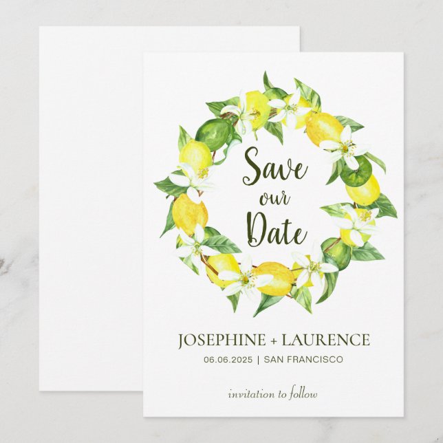 Watercolor Lemon Greens Wreath  Save The Date (Front/Back)