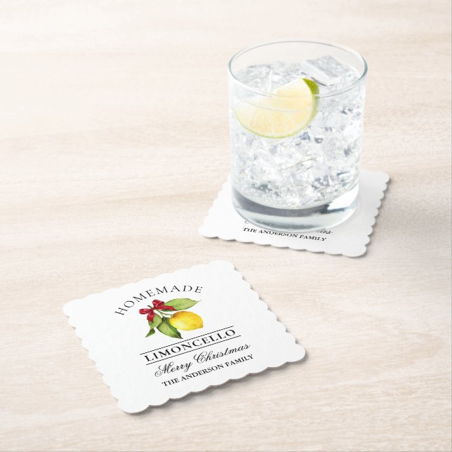 Watercolor Lemon Homemade Limoncello Christmas Paper Coaster (Insitu)