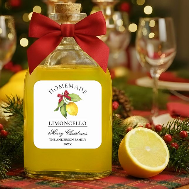 Watercolor Lemon Homemade Limoncello Christmas Square Sticker (Customize to change text size or text style.)