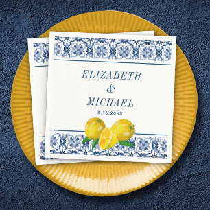 Watercolor Lemon Italian Blue Tile Wedding Napkins