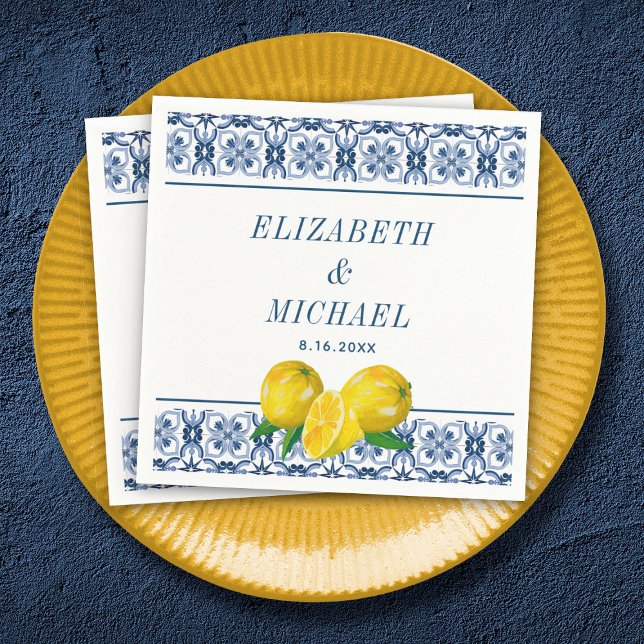 Watercolor Lemon Italian Blue Tile Wedding Napkins (An elegant Mediterranean lemon wedding napkin.)