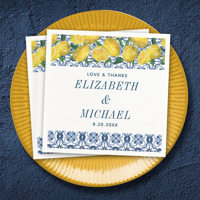 Watercolor Lemon Italian Blue Tile Wedding Napkins (An elegant Mediterranean lemon wedding napkin)
