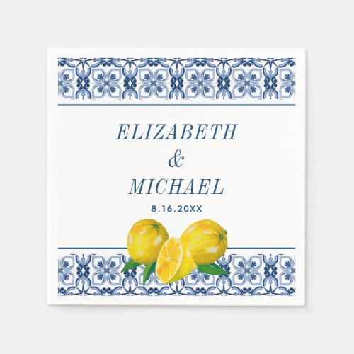Watercolor Lemon Italian Blue Tile Wedding Napkins