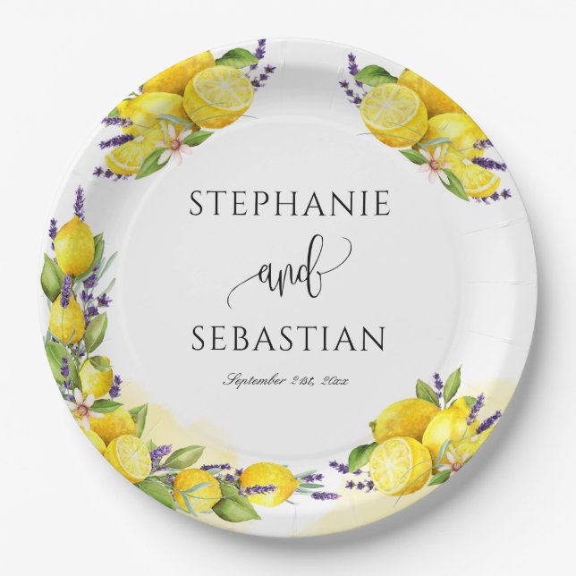 Watercolor Lemon Lavender Boho  Paper Plates (Front)