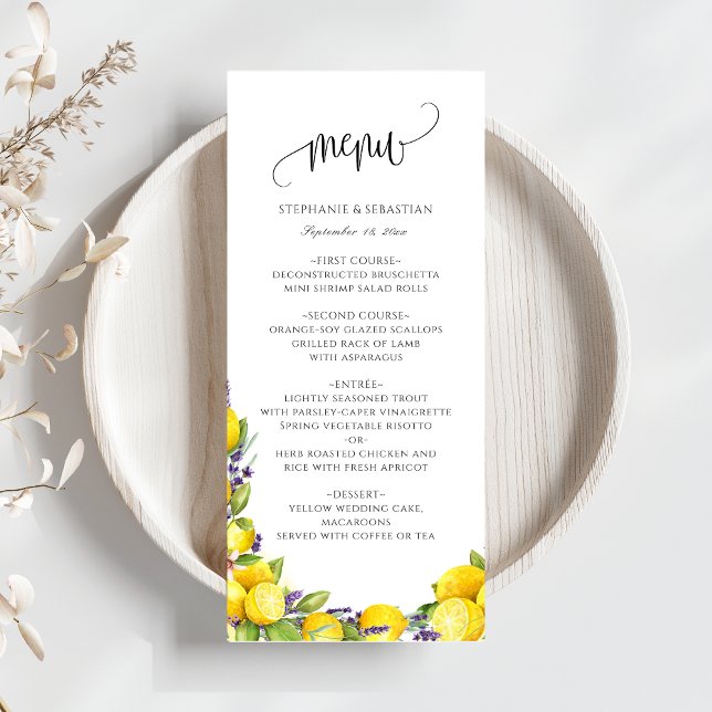 Watercolor Lemon Lavender Boho Wedding Menu (Watercolor Lemon Lavender Boho Wedding Menu)
