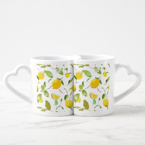 Watercolor Lemon  Leaves 2 Coffee Mug Set