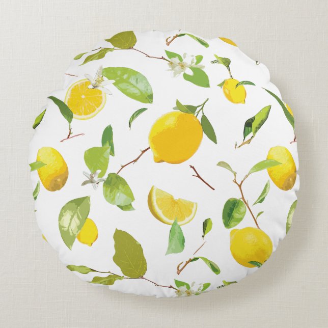 Watercolor Lemon & Leaves 2 Round Pillow (Front)