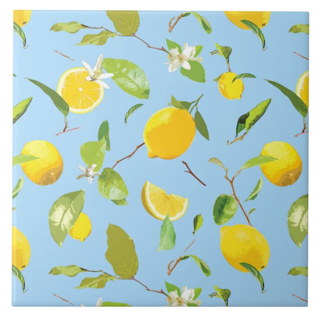 Watercolor Lemon & Leaves 3 Ceramic Tile (Front)