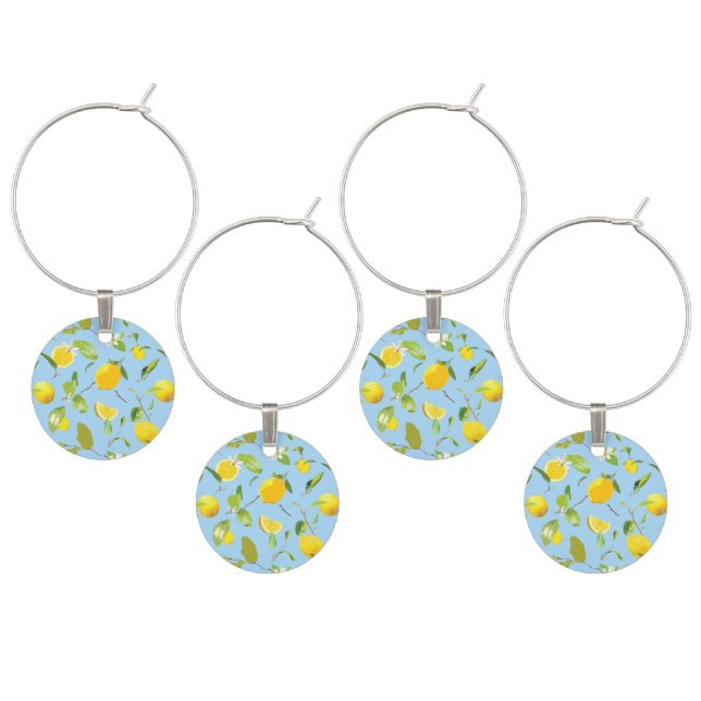 Watercolor Lemon & Leaves 3 Wine Charm (Staggered)