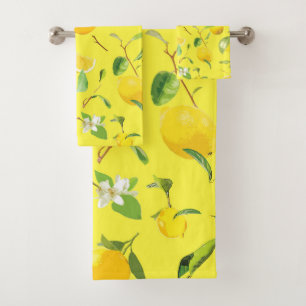 Watercolor Lemon & Leaves 4 Bath Towel Set