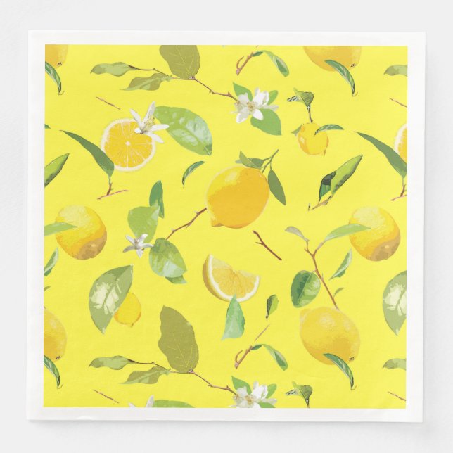 Watercolor Lemon & Leaves 4 Paper Dinner Napkins (Front)