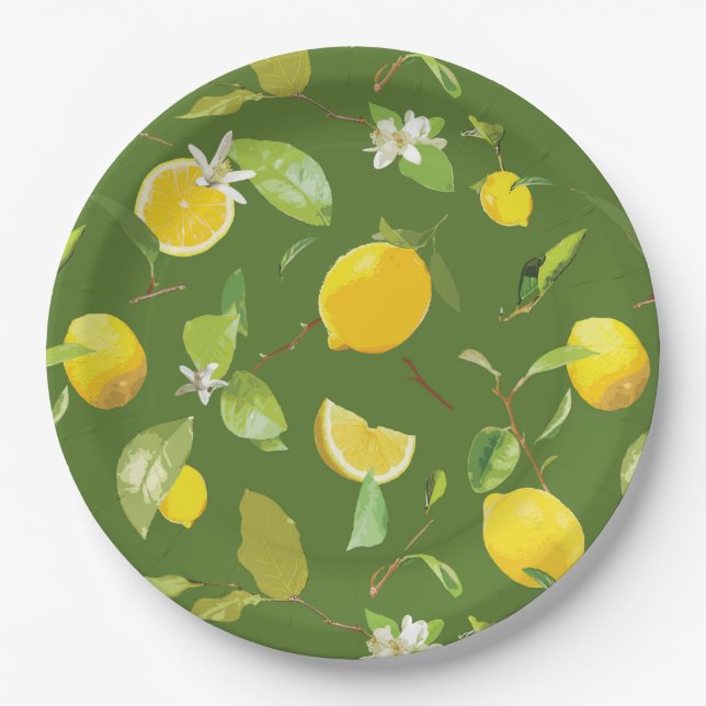 Watercolor Lemon & Leaves 5 Paper Plates (Front)