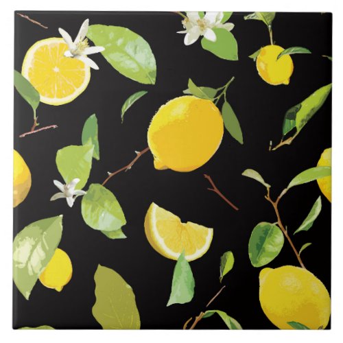 Watercolor Lemon  Leaves Ceramic Tile