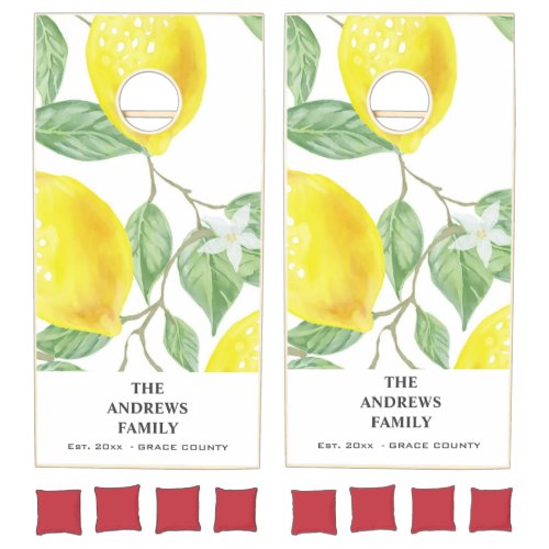Watercolor Lemon Leaves Family Name Party Custom Cornhole Set