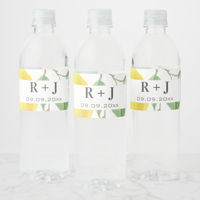 Watercolor Lemon Leaves Monogram Water Bottle Label (Bottles)