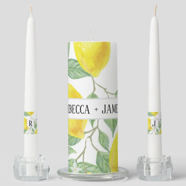 Watercolor Lemon Leaves Monogram Wedding Unity Candle Set (Front)