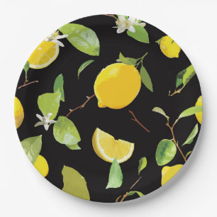 Watercolor Lemon & Leaves Paper Plates