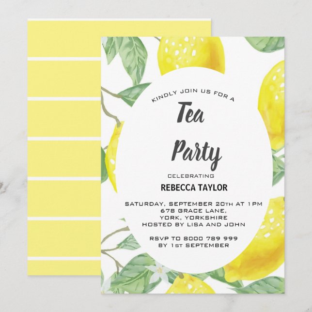 Watercolor Lemon Leaves Tea Party Invitation (Front/Back)