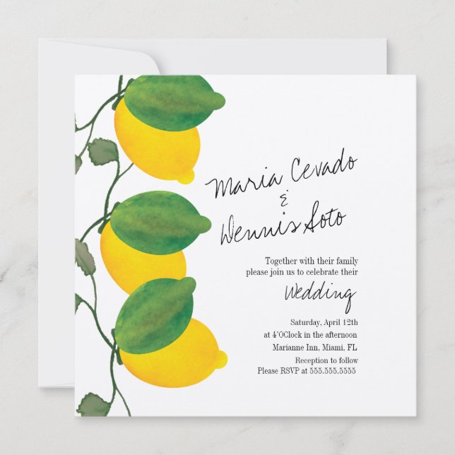 Watercolor Lemon Lime Citrus Script Wedding Kraft  Invitation (Front)