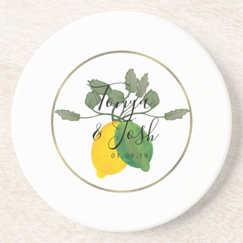 Watercolor Lemon Lime Limoncello Faux Gold Wedding Coaster