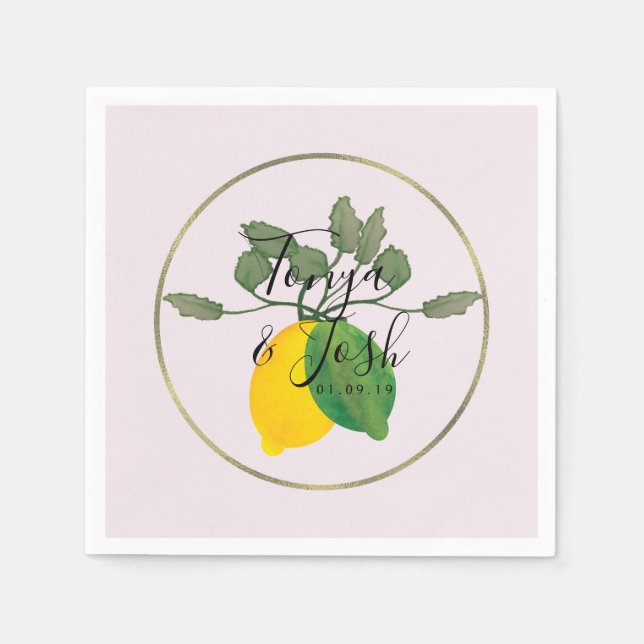 Watercolor Lemon Lime Limoncillo Faux Gold Wedding Napkins (Front)