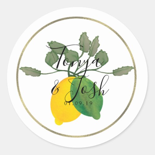 Watercolor Lemon Lime Wedding Classic Round Sticker