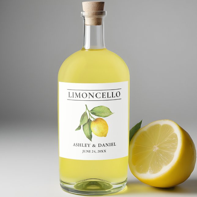 Watercolor Lemon Limoncello Liquor Bottle Label (Customize to change text size, color or text style.)