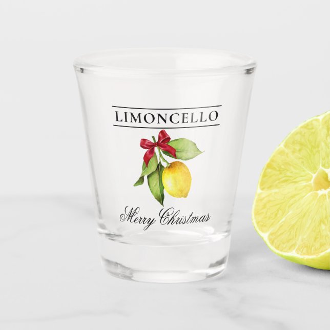 Watercolor Lemon Limoncello Merry Christmas Shot Glass (Front)