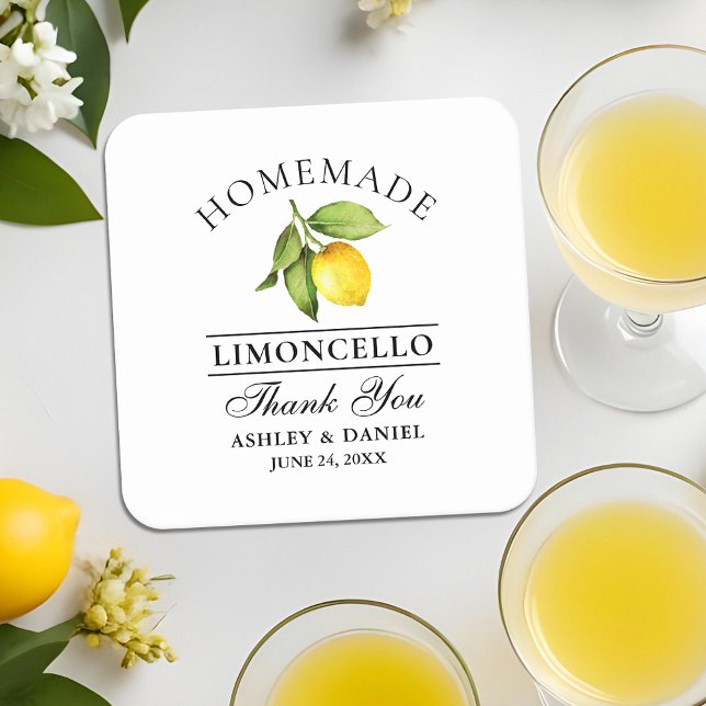 Watercolor Lemon Limoncello Wedding Square Paper Coaster (Customize to change text size, color or text style.)