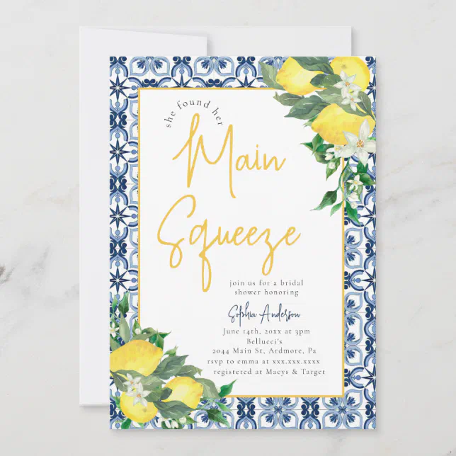 Watercolor Lemon Main Squeeze Bridal Shower Invitation | Zazzle