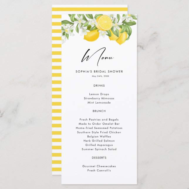 Watercolor Lemon Main Squeeze Bridal Shower  Menu (Front/Back)