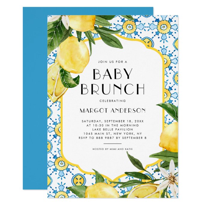 Watercolor Lemon Mediterranean Baby Shower Brunch Invitation
