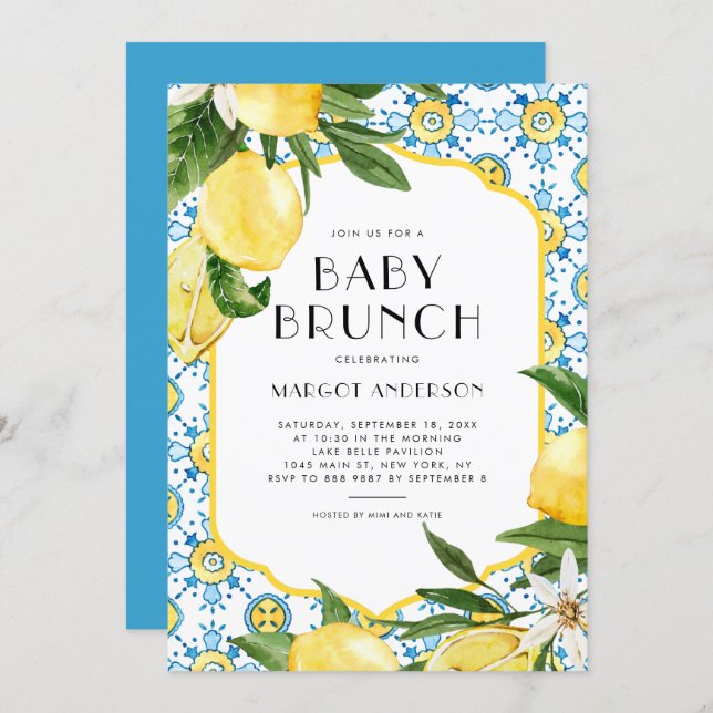 Watercolor Lemon Mediterranean Baby Shower Brunch Invitation (Front/Back)