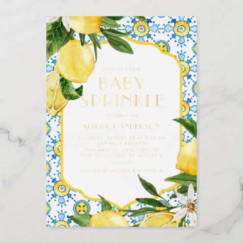 Watercolor Lemon Mediterranean Baby Sprinkle Foil Invitation