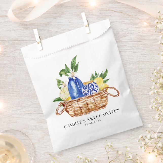 Watercolor Lemon Mediterranean Basket Sweet 16 Favor Bag (Clipped)