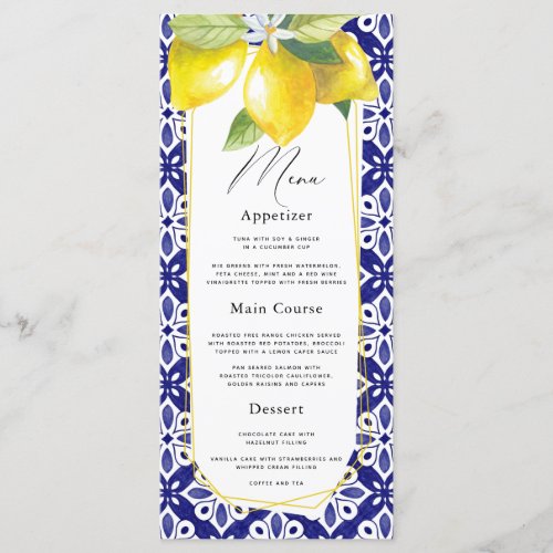 Watercolor Lemon Mediterranean Blue Tile Menu