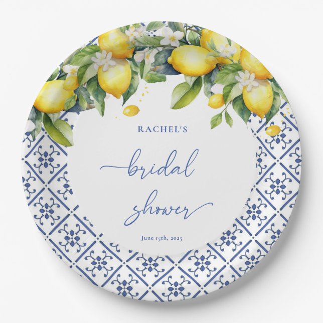 Watercolor Lemon Mediterranean Bridal Shower Paper Plates (Front)