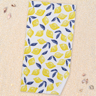 Watercolor Lemon Mediterranean Citrus Beach Towel