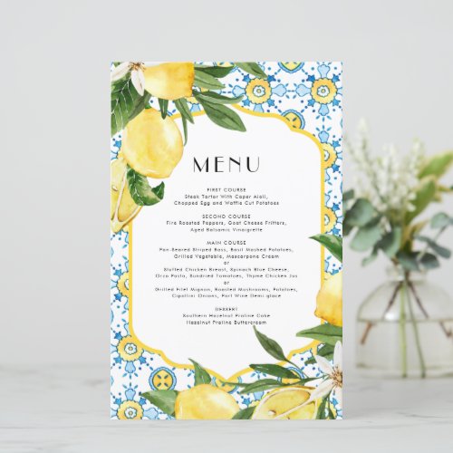 Watercolor Lemon Mediterranean Pattern Menu Card