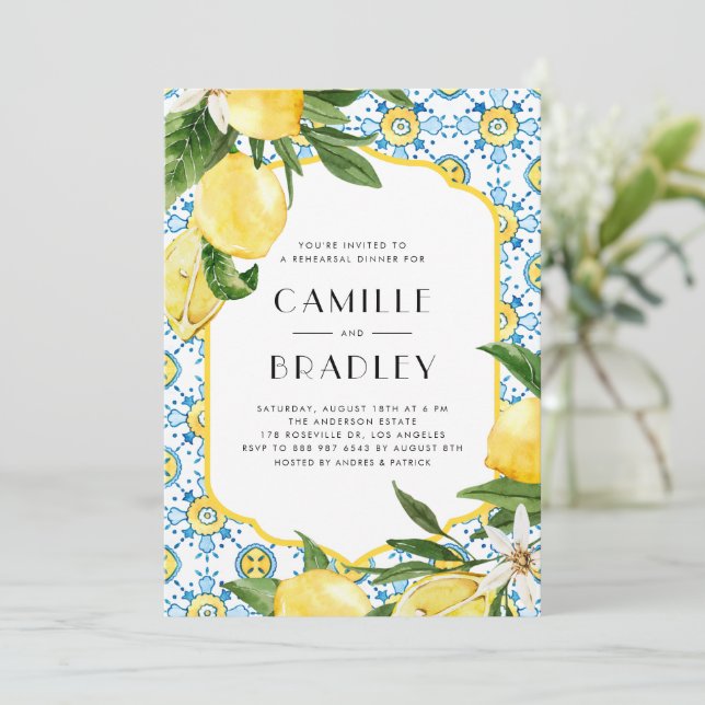 Watercolor Lemon Mediterranean Rehearsal Dinner Invitation (Standing Front)