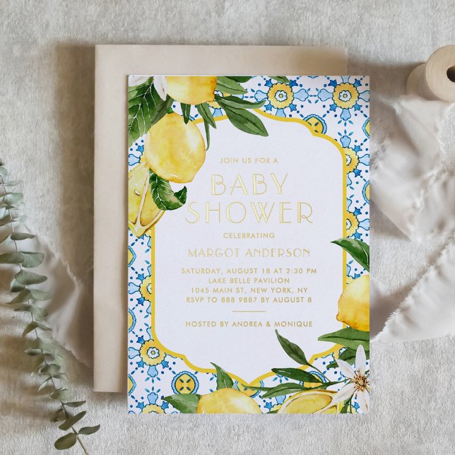 Watercolor Lemon Mediterranean Summer Baby Shower Foil Invitation (Mediterranean-inspired foil baby shower invitation featuring watercolor tile pattern and lemons. )