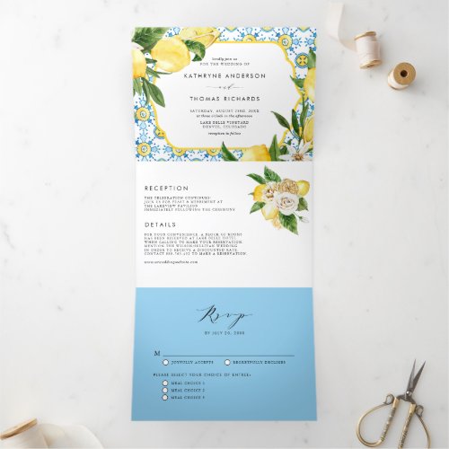 Watercolor Lemon Mediterranean Summer Wedding Tri_Fold Invitation