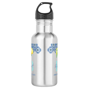 Watercolor Lemon Mediterranean Tile Corporate Logo Stainless Steel Water Bottle