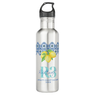 Watercolor Lemon Mediterranean Tile Corporate Logo Stainless Steel Water Bottle