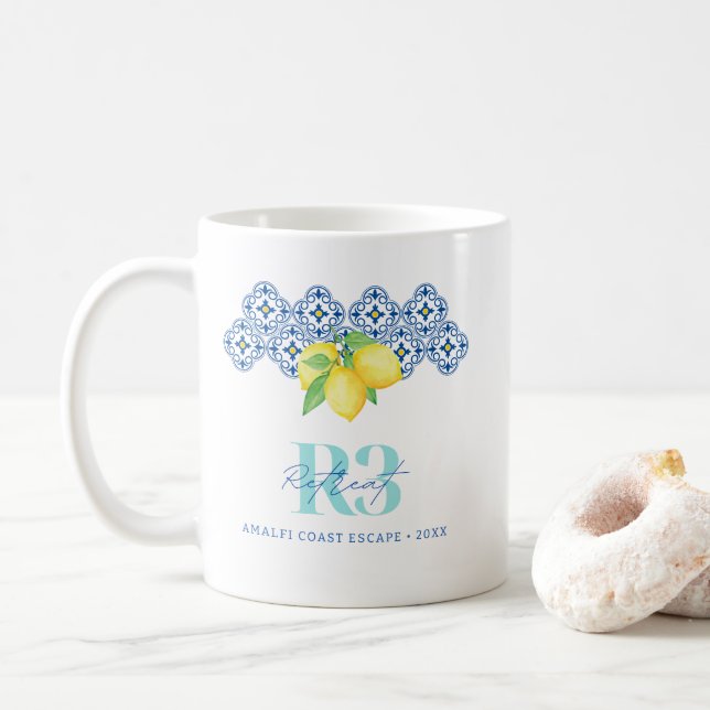 Watercolor Lemon Mediterranean Tile Logo Coffee Mug (With Donut)