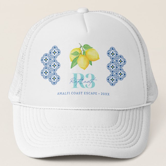 Watercolor Lemon Mediterranean Tile Logo Trucker Hat (Front)